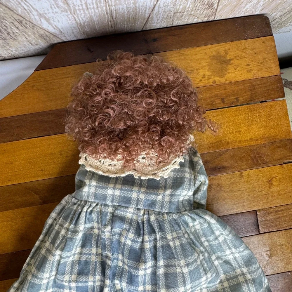 Vintage School Teacher Cloth Doll Plaid Dress Chalkboard Apple Books 10 Inch